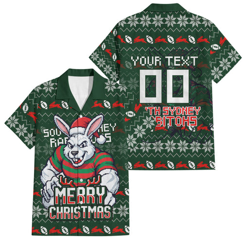 Personalized South Sydney Rabbitohs Christmas Family Matching Off The Shoulder Long Sleeve Dress and Hawaiian Shirt Australian Rugby Fans - Pixelated Ugly Xmas Pattern Mascot Santa