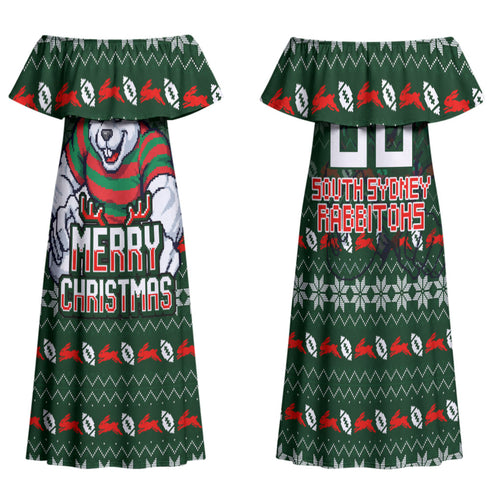 Personalized South Sydney Rabbitohs Christmas Family Matching Off Shoulder Maxi Dress and Hawaiian Shirt Australian Rugby Fans - Pixelated Ugly Xmas Pattern Mascot Santa