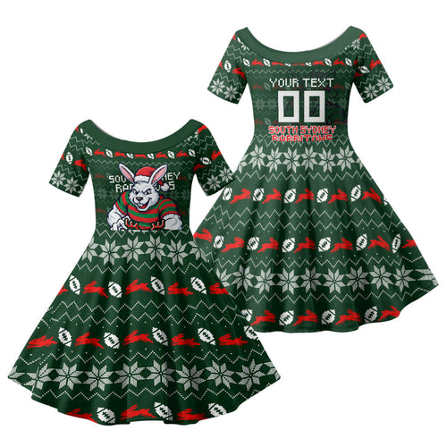 Personalized South Sydney Rabbitohs Christmas Family Matching Off Shoulder Maxi Dress and Hawaiian Shirt Australian Rugby Fans - Pixelated Ugly Xmas Pattern Mascot Santa