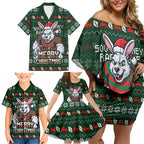Personalized South Sydney Rabbitohs Christmas Family Matching Off Shoulder Short Dress and Hawaiian Shirt Australian Rugby Fans - Pixelated Ugly Xmas Pattern Mascot Santa