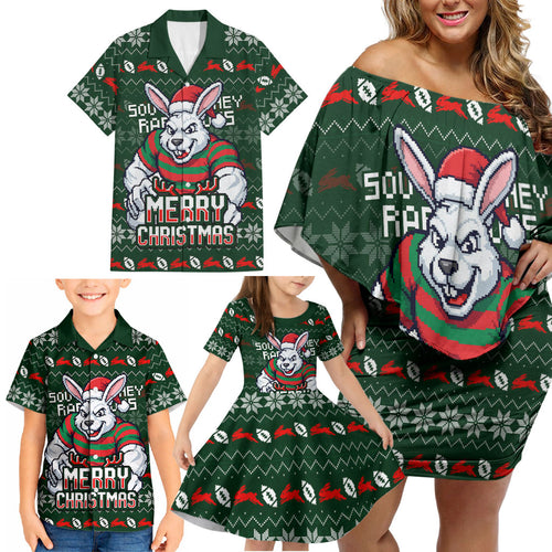 Personalized South Sydney Rabbitohs Christmas Family Matching Off Shoulder Short Dress and Hawaiian Shirt Australian Rugby Fans - Pixelated Ugly Xmas Pattern Mascot Santa