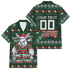 Personalized South Sydney Rabbitohs Christmas Family Matching Off Shoulder Short Dress and Hawaiian Shirt Australian Rugby Fans - Pixelated Ugly Xmas Pattern Mascot Santa
