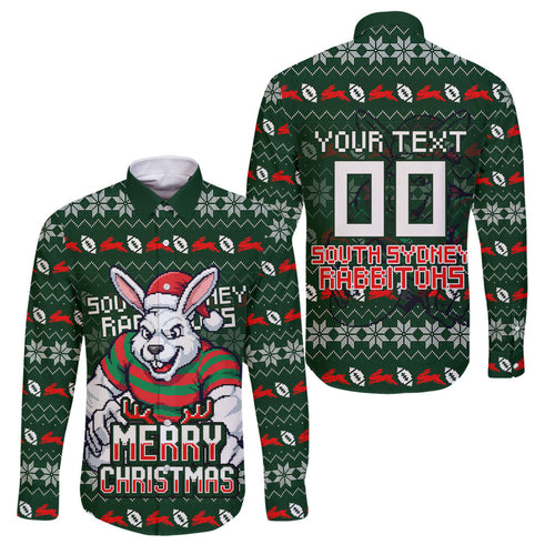 Personalized South Sydney Rabbitohs Christmas Family Matching Off Shoulder Short Dress and Hawaiian Shirt Australian Rugby Fans - Pixelated Ugly Xmas Pattern Mascot Santa