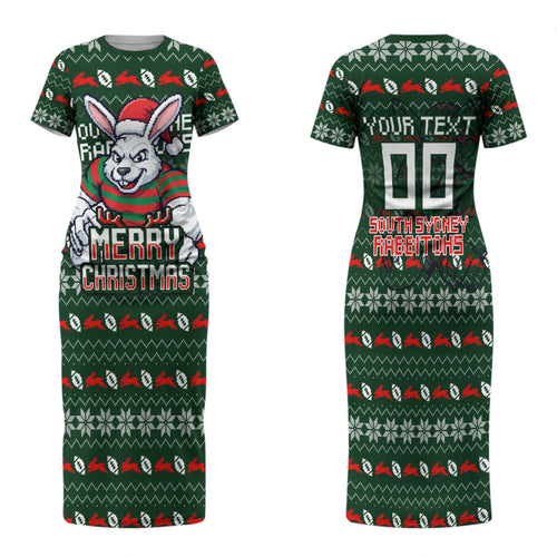 Personalized South Sydney Rabbitohs Christmas Family Matching Short Sleeve Bodycon Dress and Hawaiian Shirt Australian Rugby Fans - Pixelated Ugly Xmas Pattern Mascot Santa