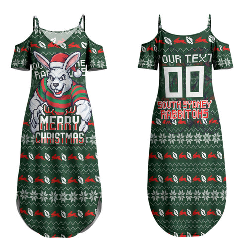 Personalized South Sydney Rabbitohs Christmas Family Matching Summer Maxi Dress and Hawaiian Shirt Australian Rugby Fans - Pixelated Ugly Xmas Pattern Mascot Santa