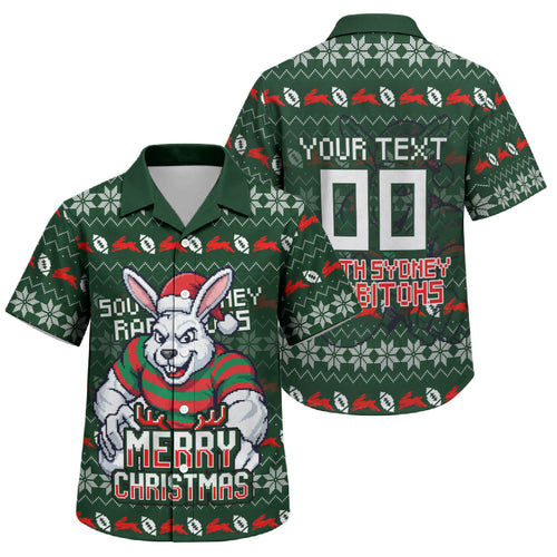 Personalized South Sydney Rabbitohs Christmas Family Matching Summer Maxi Dress and Hawaiian Shirt Australian Rugby Fans - Pixelated Ugly Xmas Pattern Mascot Santa