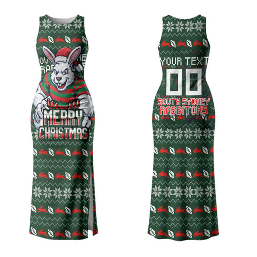 Personalized South Sydney Rabbitohs Christmas Family Matching Tank Maxi Dress and Hawaiian Shirt Australian Rugby Fans - Pixelated Ugly Xmas Pattern Mascot Santa