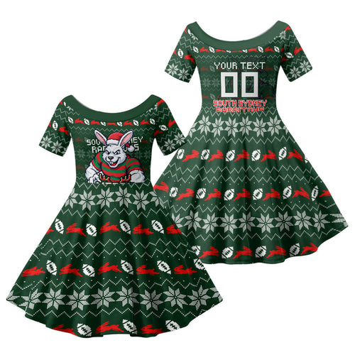 Personalized South Sydney Rabbitohs Christmas Family Matching Tank Maxi Dress and Hawaiian Shirt Australian Rugby Fans - Pixelated Ugly Xmas Pattern Mascot Santa