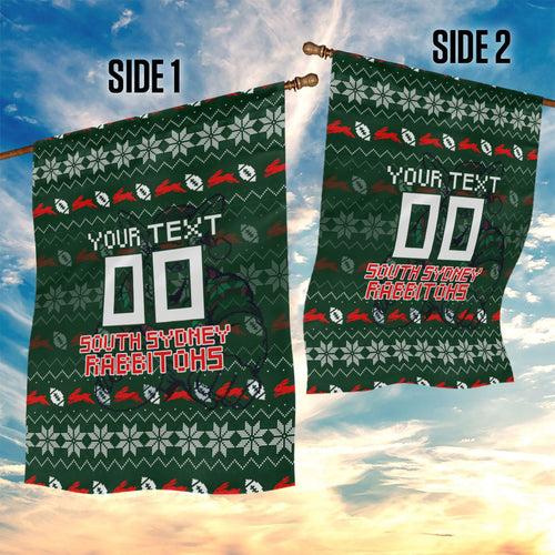 Personalized South Sydney Rabbitohs Christmas Garden Flag Australian Rugby Fans - Pixelated Ugly Xmas Pattern Mascot Santa