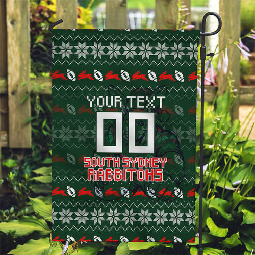 Personalized South Sydney Rabbitohs Christmas Garden Flag Australian Rugby Fans - Pixelated Ugly Xmas Pattern Mascot Santa