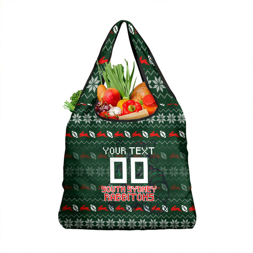 Personalized South Sydney Rabbitohs Christmas Grocery Bag Australian Rugby Fans - Pixelated Ugly Xmas Pattern Mascot Santa