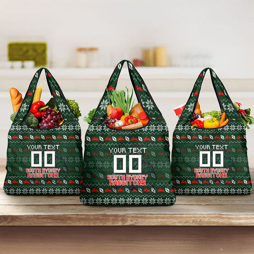 Personalized South Sydney Rabbitohs Christmas Grocery Bag Australian Rugby Fans - Pixelated Ugly Xmas Pattern Mascot Santa