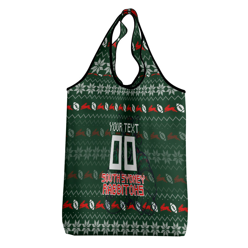 Personalized South Sydney Rabbitohs Christmas Grocery Bag Australian Rugby Fans - Pixelated Ugly Xmas Pattern Mascot Santa