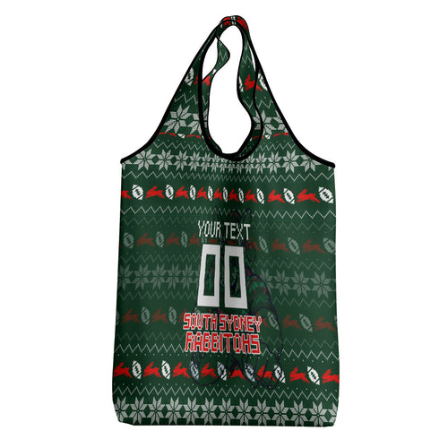 Personalized South Sydney Rabbitohs Christmas Grocery Bag Australian Rugby Fans - Pixelated Ugly Xmas Pattern Mascot Santa
