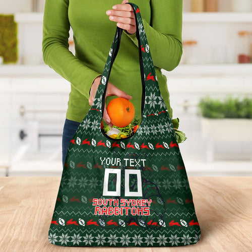 Personalized South Sydney Rabbitohs Christmas Grocery Bag Australian Rugby Fans - Pixelated Ugly Xmas Pattern Mascot Santa