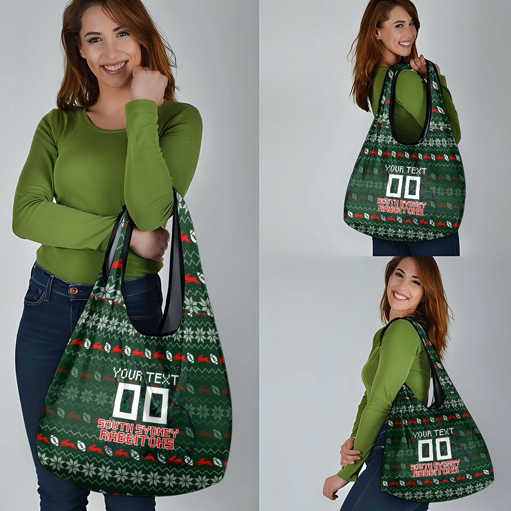 Personalized South Sydney Rabbitohs Christmas Grocery Bag Australian Rugby Fans - Pixelated Ugly Xmas Pattern Mascot Santa