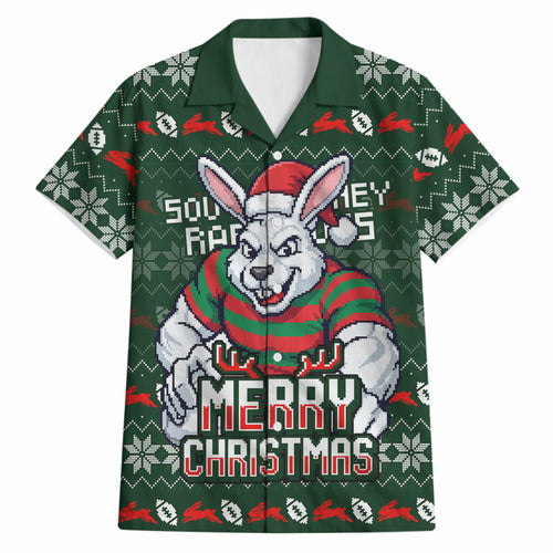 Personalized South Sydney Rabbitohs Christmas Hawaiian Shirt Australian Rugby Fans - Pixelated Ugly Xmas Pattern Mascot Santa