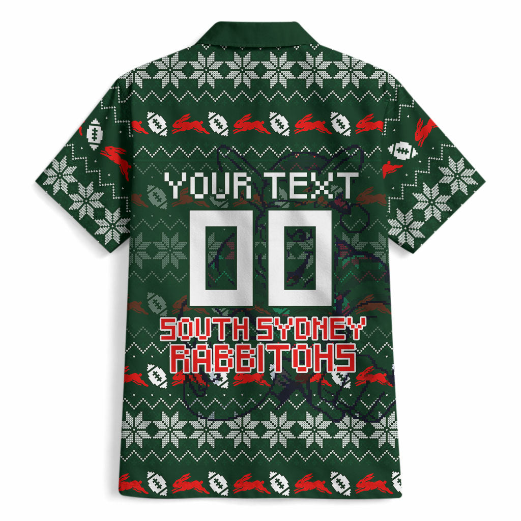 Personalized South Sydney Rabbitohs Christmas Hawaiian Shirt Australian Rugby Fans - Pixelated Ugly Xmas Pattern Mascot Santa