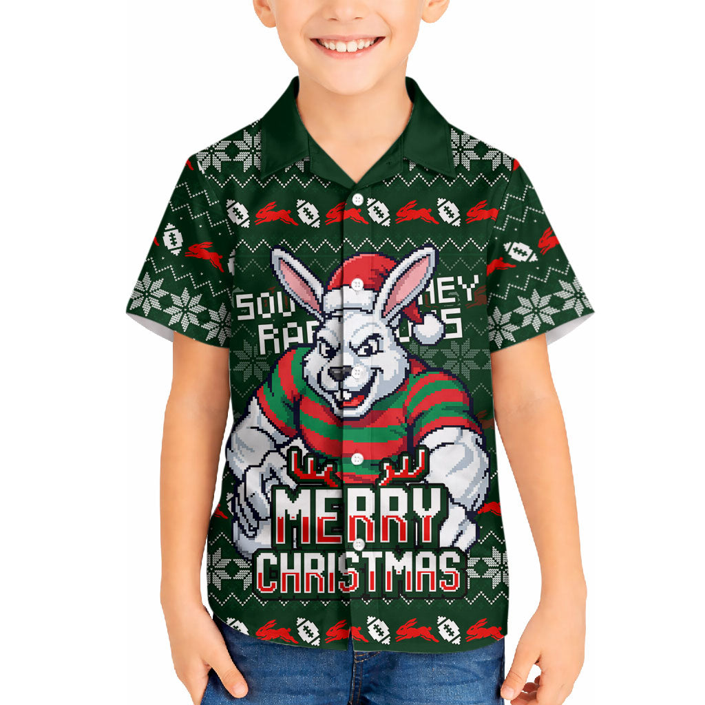 Personalized South Sydney Rabbitohs Christmas Hawaiian Shirt Australian Rugby Fans - Pixelated Ugly Xmas Pattern Mascot Santa