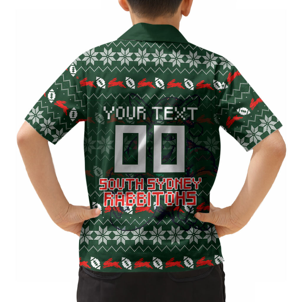 Personalized South Sydney Rabbitohs Christmas Hawaiian Shirt Australian Rugby Fans - Pixelated Ugly Xmas Pattern Mascot Santa