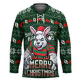 Personalized South Sydney Rabbitohs Christmas Hockey Jersey Australian Rugby Fans - Pixelated Ugly Xmas Pattern Mascot Santa