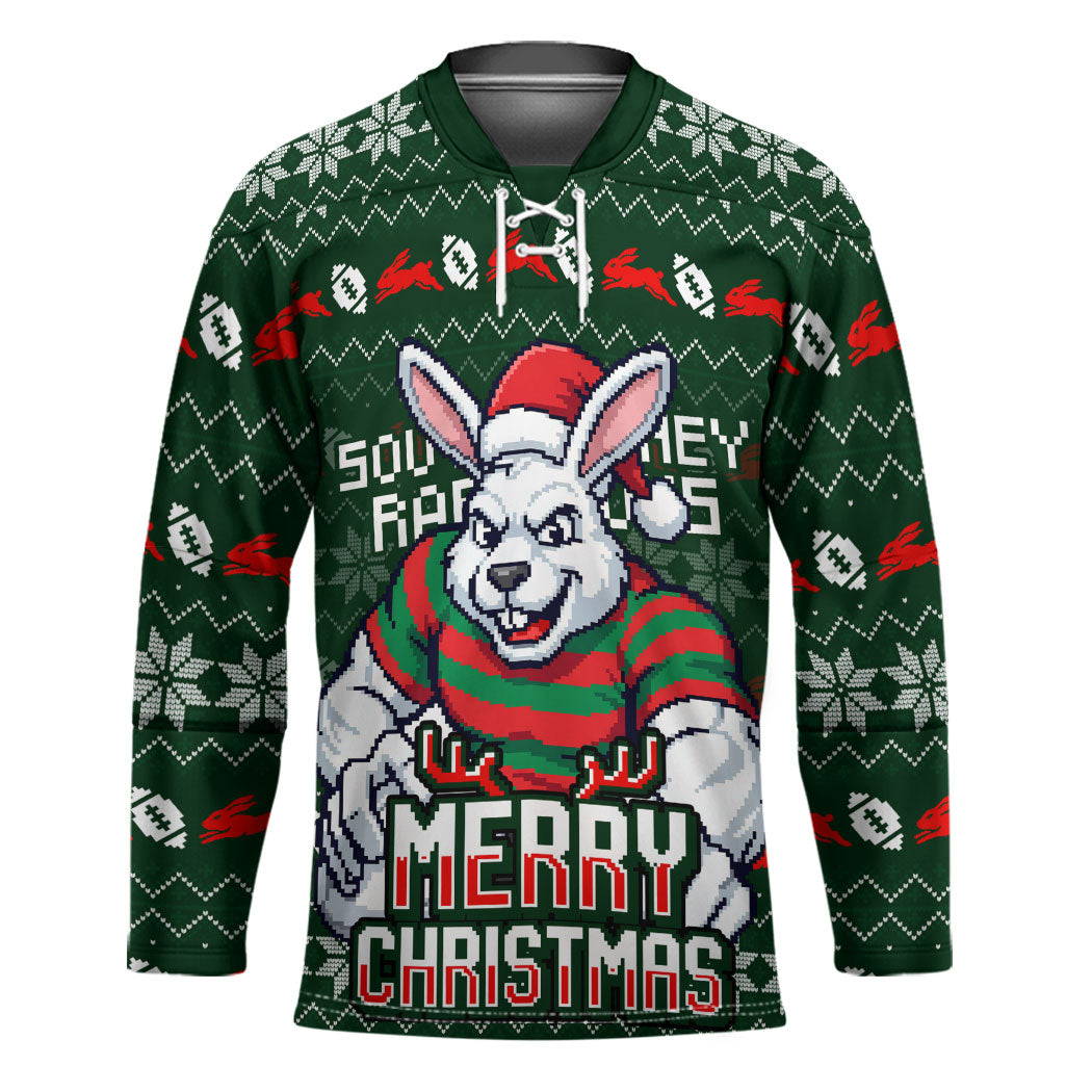 Personalized South Sydney Rabbitohs Christmas Hockey Jersey Australian Rugby Fans - Pixelated Ugly Xmas Pattern Mascot Santa