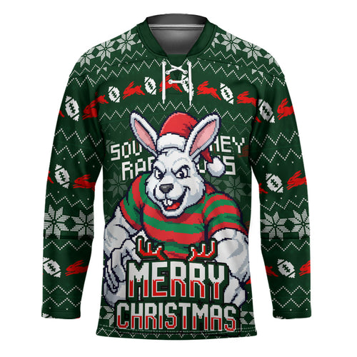 Personalized South Sydney Rabbitohs Christmas Hockey Jersey Australian Rugby Fans - Pixelated Ugly Xmas Pattern Mascot Santa
