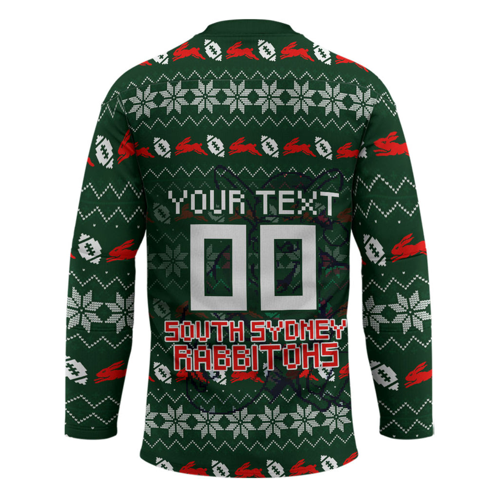 Personalized South Sydney Rabbitohs Christmas Hockey Jersey Australian Rugby Fans - Pixelated Ugly Xmas Pattern Mascot Santa