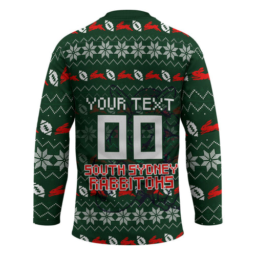 Personalized South Sydney Rabbitohs Christmas Hockey Jersey Australian Rugby Fans - Pixelated Ugly Xmas Pattern Mascot Santa