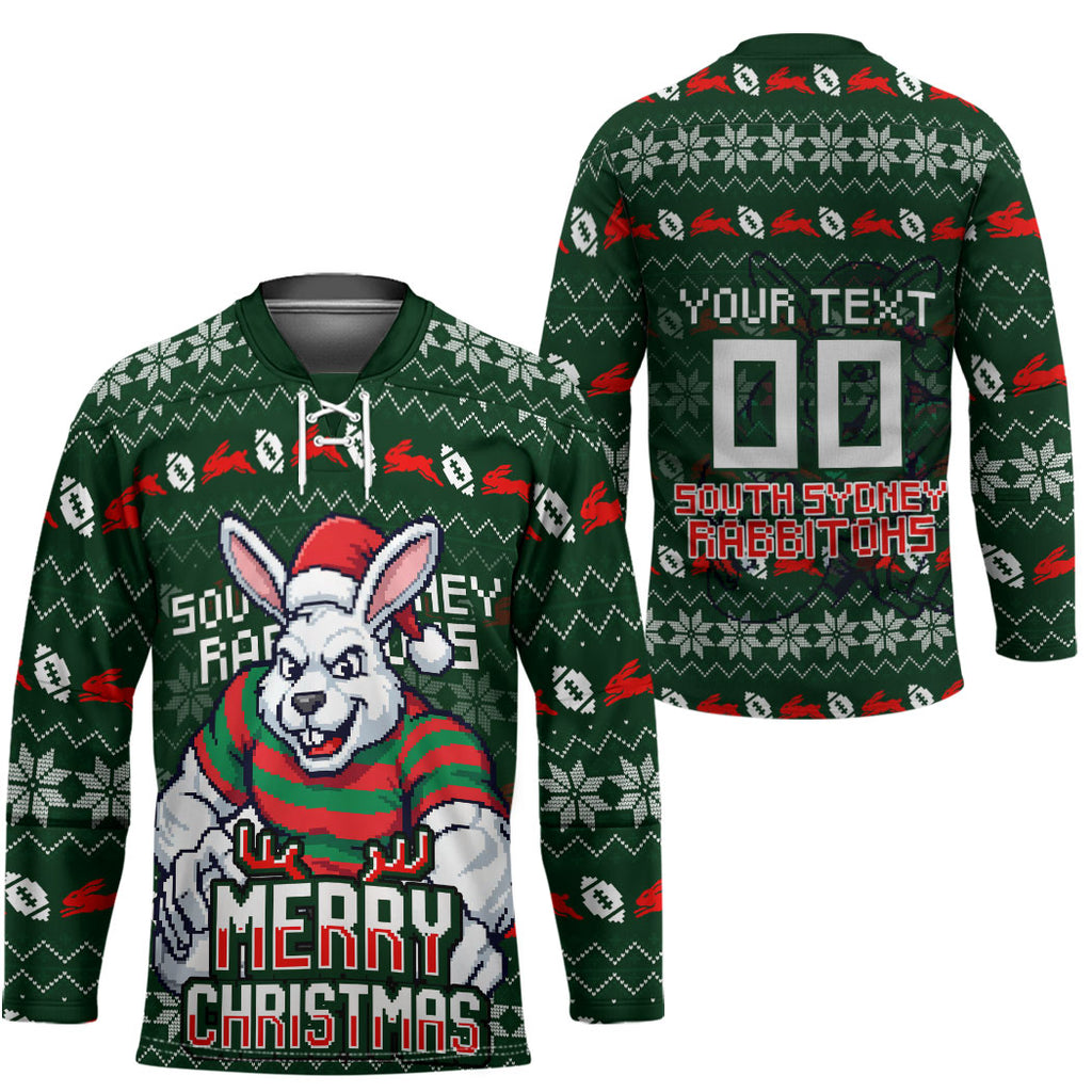 Personalized South Sydney Rabbitohs Christmas Hockey Jersey Australian Rugby Fans - Pixelated Ugly Xmas Pattern Mascot Santa