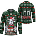 Personalized South Sydney Rabbitohs Christmas Hockey Jersey Australian Rugby Fans - Pixelated Ugly Xmas Pattern Mascot Santa