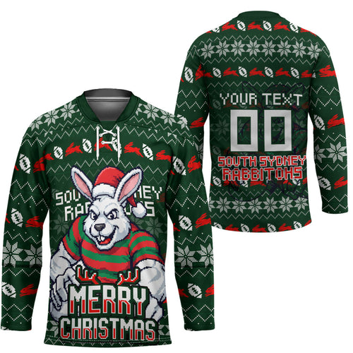 Personalized South Sydney Rabbitohs Christmas Hockey Jersey Australian Rugby Fans - Pixelated Ugly Xmas Pattern Mascot Santa