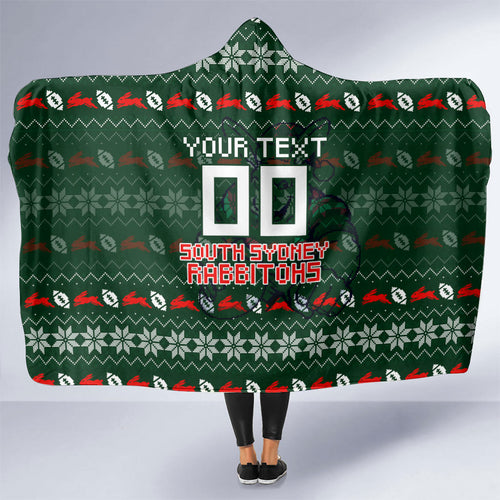 Personalized South Sydney Rabbitohs Christmas Hooded Blanket Australian Rugby Fans - Pixelated Ugly Xmas Pattern Mascot Santa