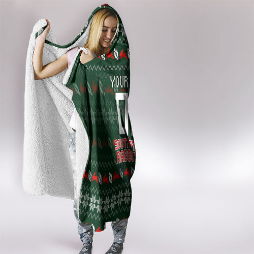 Personalized South Sydney Rabbitohs Christmas Hooded Blanket Australian Rugby Fans - Pixelated Ugly Xmas Pattern Mascot Santa