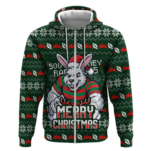 Personalized South Sydney Rabbitohs Christmas Hoodie Australian Rugby Fans - Pixelated Ugly Xmas Pattern Mascot Santa