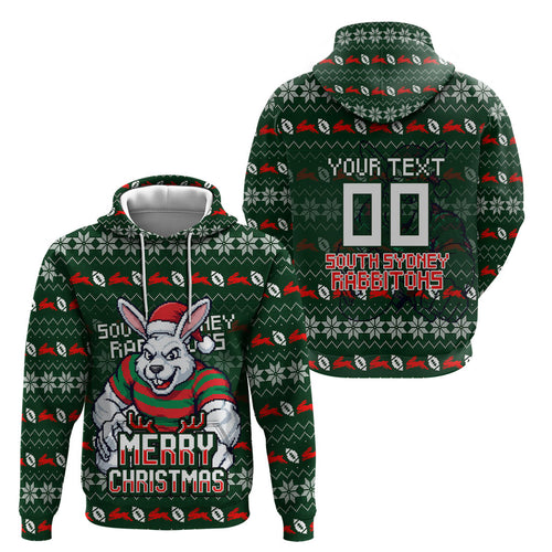 Personalized South Sydney Rabbitohs Christmas Hoodie Australian Rugby Fans - Pixelated Ugly Xmas Pattern Mascot Santa
