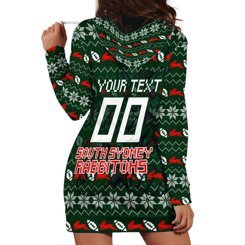 Personalized South Sydney Rabbitohs Christmas Hoodie Dress Australian Rugby Fans - Pixelated Ugly Xmas Pattern Mascot Santa