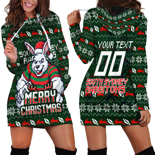 Personalized South Sydney Rabbitohs Christmas Hoodie Dress Australian Rugby Fans - Pixelated Ugly Xmas Pattern Mascot Santa