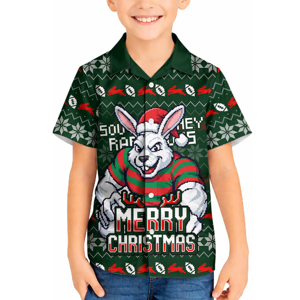 Personalized South Sydney Rabbitohs Christmas Kid Hawaiian Shirt Australian Rugby Fans - Pixelated Ugly Xmas Pattern Mascot Santa