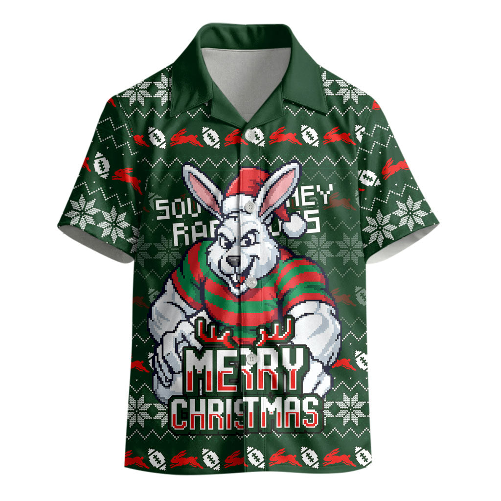 Personalized South Sydney Rabbitohs Christmas Kid Hawaiian Shirt Australian Rugby Fans - Pixelated Ugly Xmas Pattern Mascot Santa