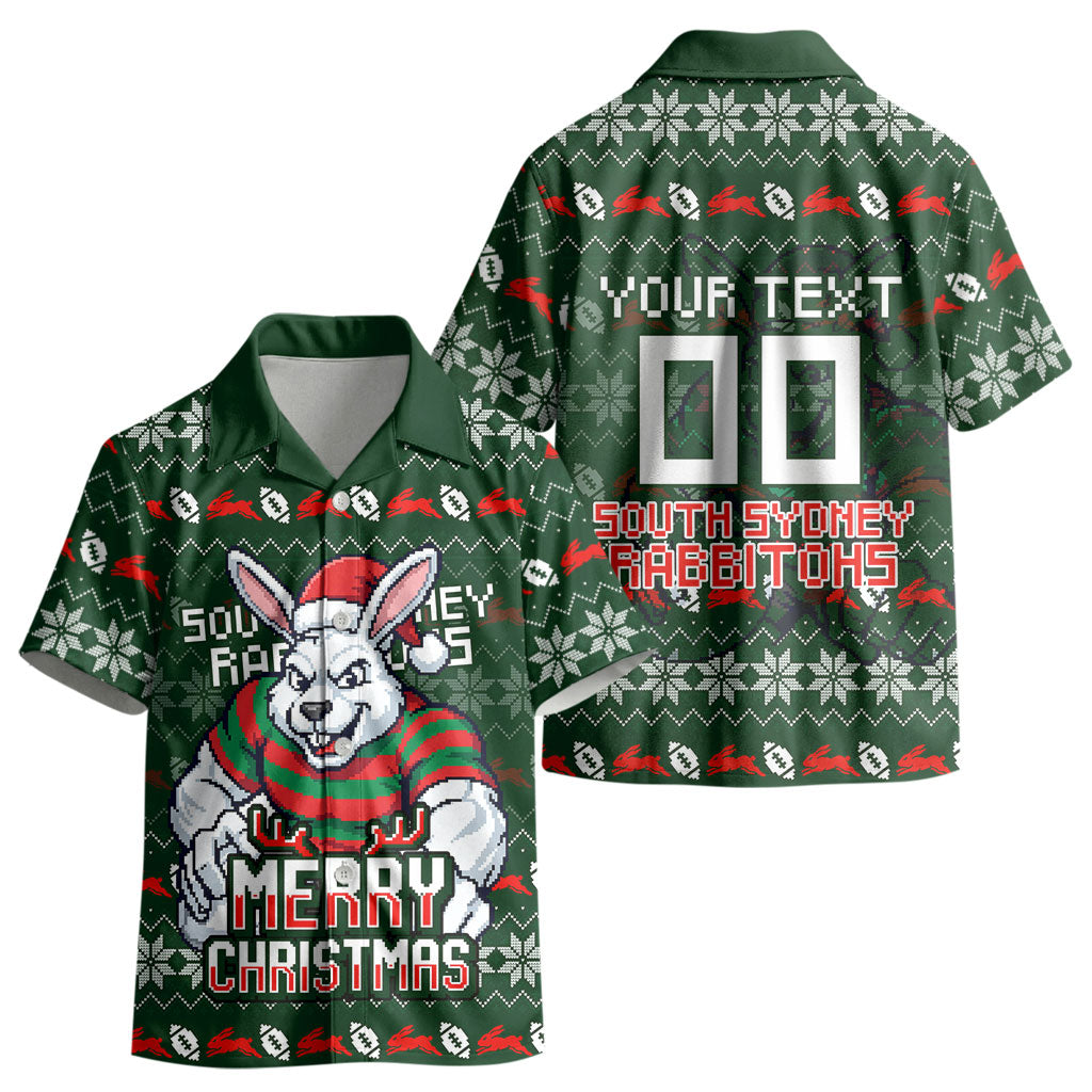Personalized South Sydney Rabbitohs Christmas Kid Hawaiian Shirt Australian Rugby Fans - Pixelated Ugly Xmas Pattern Mascot Santa