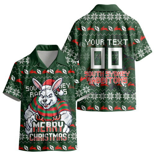 Personalized South Sydney Rabbitohs Christmas Kid Hawaiian Shirt Australian Rugby Fans - Pixelated Ugly Xmas Pattern Mascot Santa