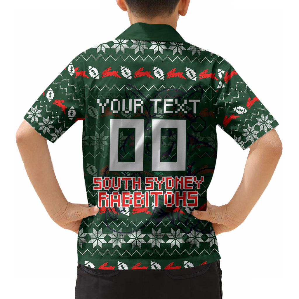 Personalized South Sydney Rabbitohs Christmas Kid Hawaiian Shirt Australian Rugby Fans - Pixelated Ugly Xmas Pattern Mascot Santa