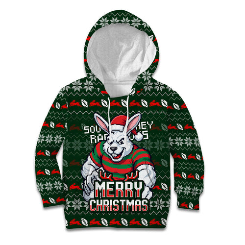 Personalized South Sydney Rabbitohs Christmas Kid Hoodie Australian Rugby Fans - Pixelated Ugly Xmas Pattern Mascot Santa