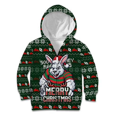 Personalized South Sydney Rabbitohs Christmas Kid Hoodie Australian Rugby Fans - Pixelated Ugly Xmas Pattern Mascot Santa