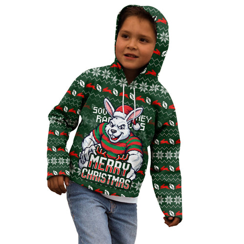 Personalized South Sydney Rabbitohs Christmas Kid Hoodie Australian Rugby Fans - Pixelated Ugly Xmas Pattern Mascot Santa