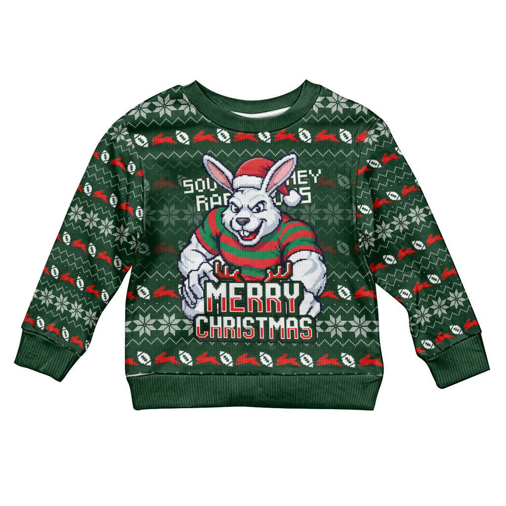Personalized South Sydney Rabbitohs Christmas Kid Ugly Christmas Sweater Australian Rugby Fans - Pixelated Ugly Xmas Pattern Mascot Santa
