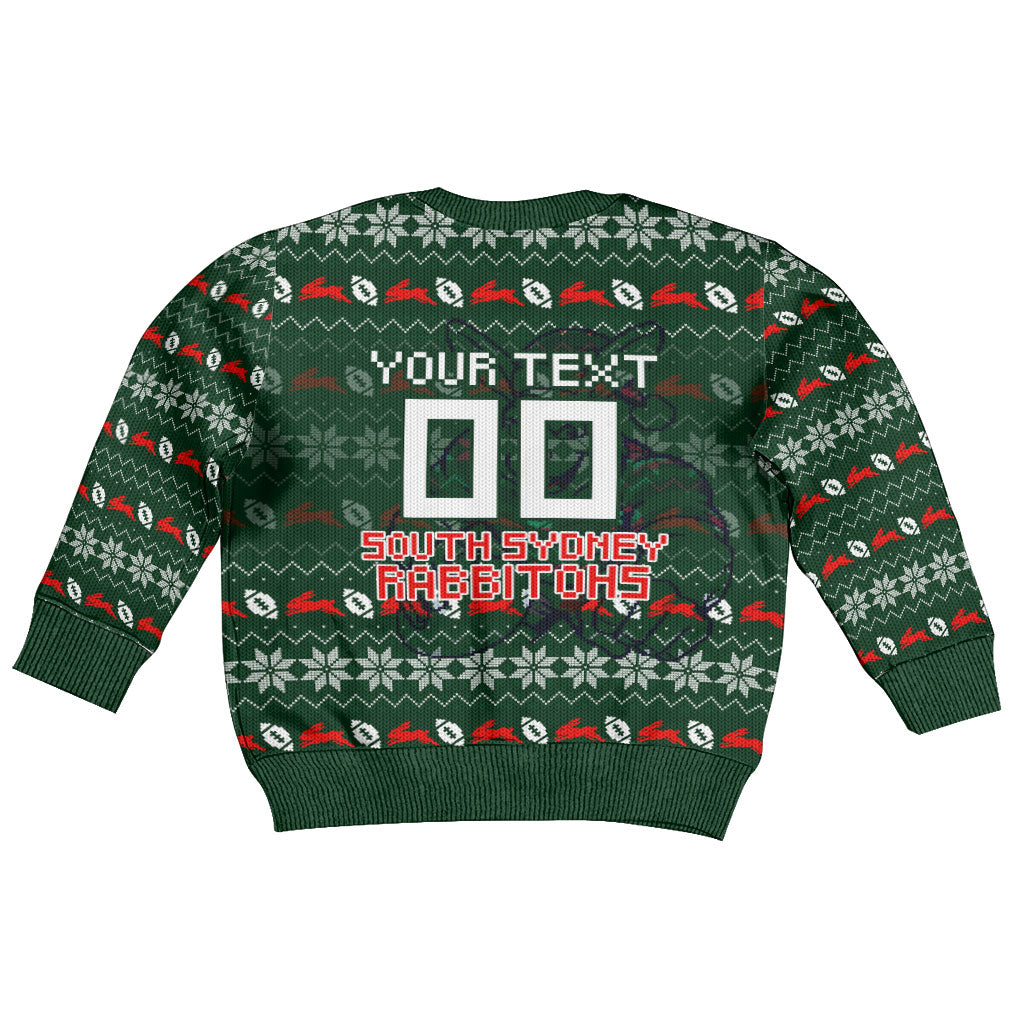 Personalized South Sydney Rabbitohs Christmas Kid Ugly Christmas Sweater Australian Rugby Fans - Pixelated Ugly Xmas Pattern Mascot Santa