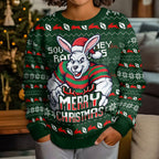 Personalized South Sydney Rabbitohs Christmas Kid Ugly Christmas Sweater Australian Rugby Fans - Pixelated Ugly Xmas Pattern Mascot Santa