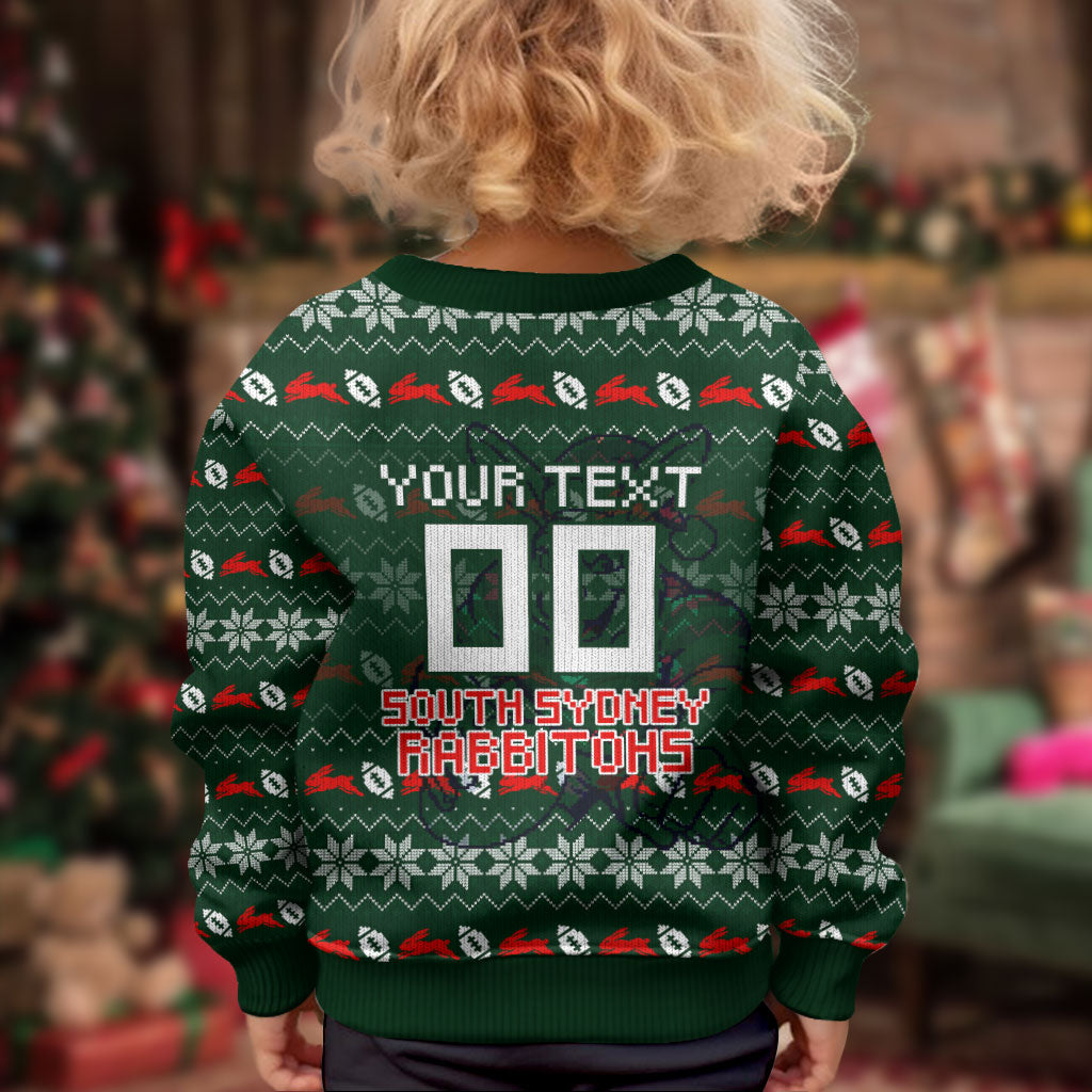 Personalized South Sydney Rabbitohs Christmas Kid Ugly Christmas Sweater Australian Rugby Fans - Pixelated Ugly Xmas Pattern Mascot Santa
